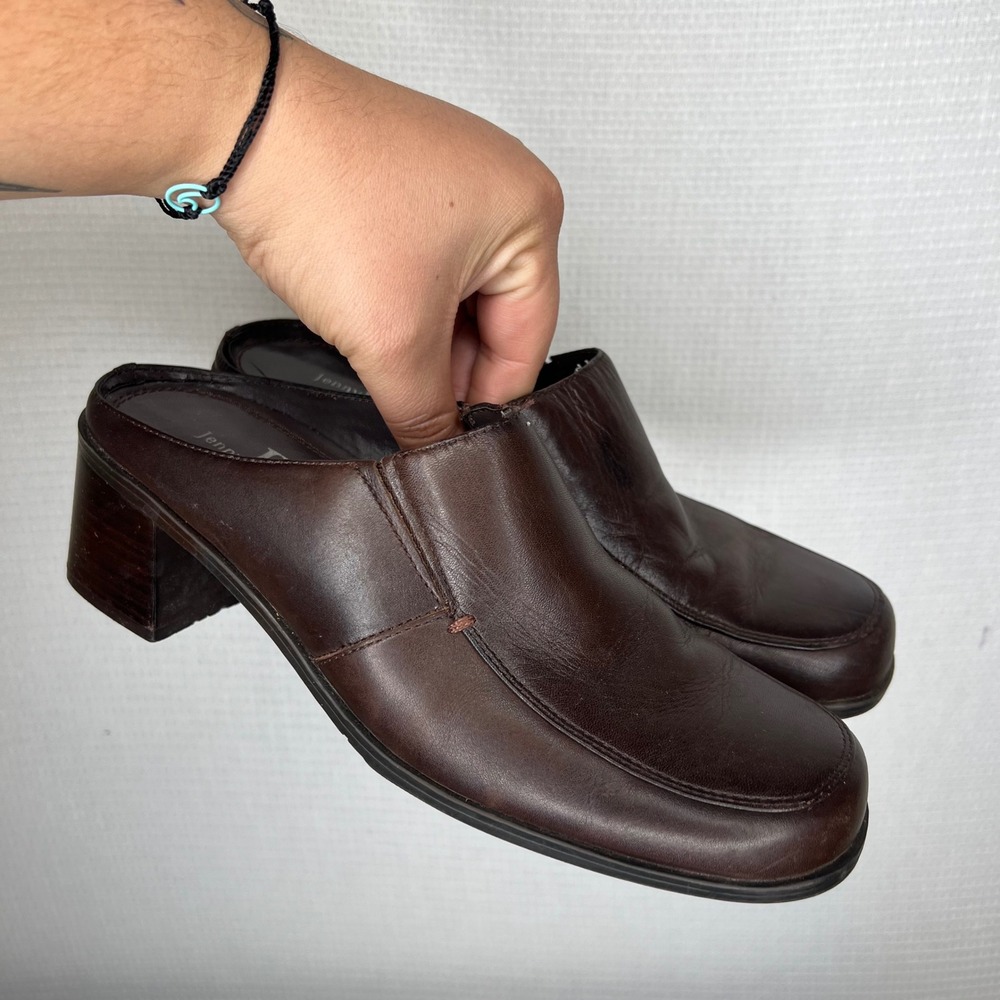 Jenny Buchanan Heather Brown Leather Square Toe Block Heel Mules Clogs W13993 9M